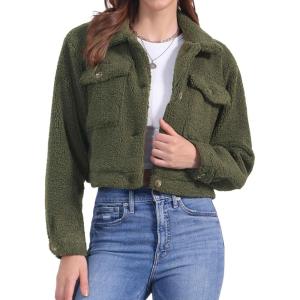 image:imageAllegra K Fuzzy Fleece Jacket for Womens Casual Faux Fur Button Winter Outerwear Short CoatArmy Green