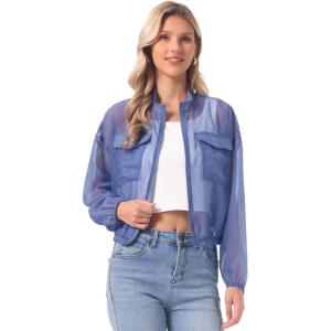 image:imageAllegra K Sheer Bomber Jacket for Womens Zip Up Long Sleeve See Through JacketsGrey Blue