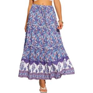 image:imageAllegra K Summer Boho Maxi Skirts for Women Floral Flowy Ruffle Tiered Long Skirts with PocketsBlue Purple