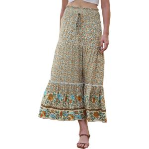 image:imageAllegra K Summer Maxi Skirts for Women 2026 Bohemian Floral Print Elastic High Waist A Line Beach SkirtBeige
