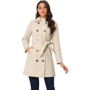 image:imageAllegra K Winter Trench Coat for Women Overcoat Belted Outwear Double Breasted Mid Long Pea CoatCream White