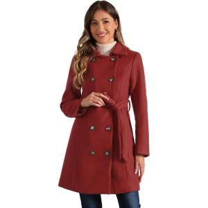 image:imageAllegra K Winter Trench Coat for Women Overcoat Belted Outwear Double Breasted Mid Long Pea CoatDark Red