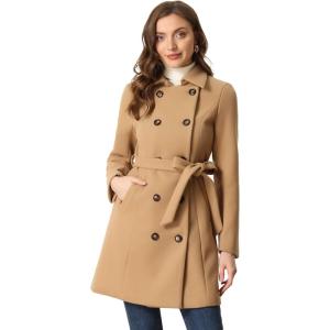 image:imageAllegra K Winter Trench Coat for Women Overcoat Belted Outwear Double Breasted Mid Long Pea CoatKhaki