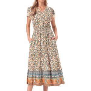 image:imageAllegra K Womens Boho Dresses V Neck Cap Sleeve Smocked ALine Floral Tiered Flowy Maxi DressesBeige