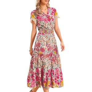 image:imageAllegra K Womens Boho Dresses V Neck Cap Sleeve Smocked ALine Floral Tiered Flowy Maxi DressesPink