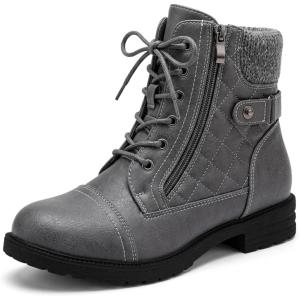 image:imageAllegra K Womens Laceup Ankle Boots Side Zipper Buckle Block Heel Combat BootsGrey