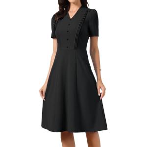image:imageAllegra K Work Dresses for Women Midi Length Short Sleeve V Neck Button Decro ALine Business Casual DressBlack