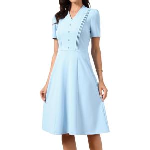 image:imageAllegra K Work Dresses for Women Midi Length Short Sleeve V Neck Button Decro ALine Business Casual DressSky Blue