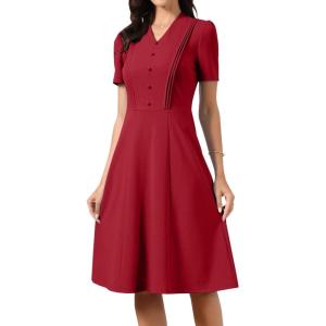image:imageAllegra K Work Dresses for Women Midi Length Short Sleeve V Neck Button Decro ALine Business Casual DressWine Red