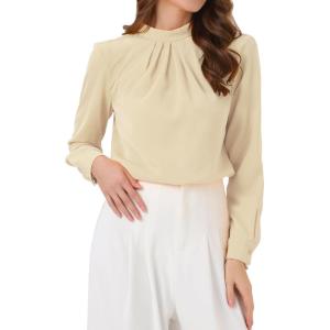image:imageAllegra K Work Tops for Women Stand Collar Long Sleeve Ruched 2026 Trendy Blouse Business Casual Office ShirtApricot
