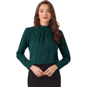 image:imageAllegra K Work Tops for Women Stand Collar Long Sleeve Ruched 2026 Trendy Blouse Business Casual Office ShirtDark Green