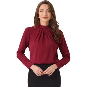 image:imageAllegra K Work Tops for Women Stand Collar Long Sleeve Ruched 2026 Trendy Blouse Business Casual Office ShirtDark Red