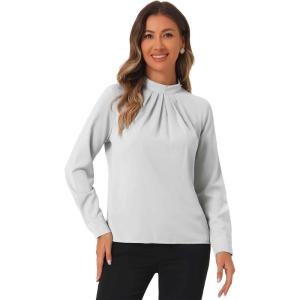 image:imageAllegra K Work Tops for Women Stand Collar Long Sleeve Ruched 2026 Trendy Blouse Business Casual Office ShirtGray