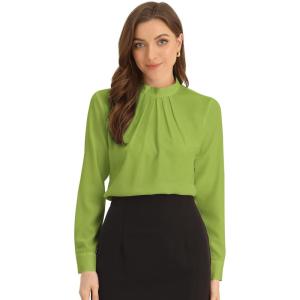 image:imageAllegra K Work Tops for Women Stand Collar Long Sleeve Ruched 2026 Trendy Blouse Business Casual Office ShirtGreen