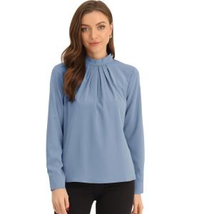 image:imageAllegra K Work Tops for Women Stand Collar Long Sleeve Ruched 2026 Trendy Blouse Business Casual Office ShirtGrey Blue