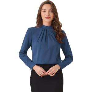 image:imageAllegra K Work Tops for Women Stand Collar Long Sleeve Ruched 2026 Trendy Blouse Business Casual Office ShirtNavy Blue
