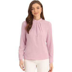image:imageAllegra K Work Tops for Women Stand Collar Long Sleeve Ruched 2026 Trendy Blouse Business Casual Office ShirtPink