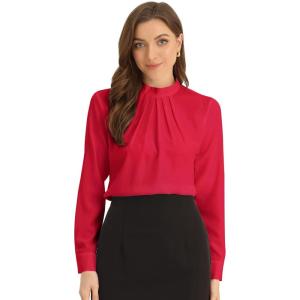 image:imageAllegra K Work Tops for Women Stand Collar Long Sleeve Ruched 2026 Trendy Blouse Business Casual Office ShirtRed