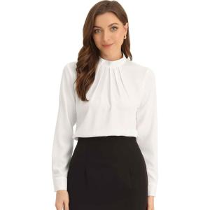 image:imageAllegra K Work Tops for Women Stand Collar Long Sleeve Ruched 2026 Trendy Blouse Business Casual Office ShirtWhite