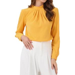 image:imageAllegra K Work Tops for Women Stand Collar Long Sleeve Ruched 2026 Trendy Blouse Business Casual Office ShirtYellow