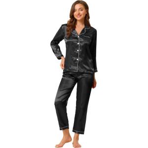 image:imageAllegra K Womens Satin Night Suits Valentines Day Button Down with Pants Silky Lounge Pajama SetsBlack
