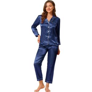 image:imageAllegra K Womens Satin Night Suits Valentines Day Button Down with Pants Silky Lounge Pajama SetsDark Blue