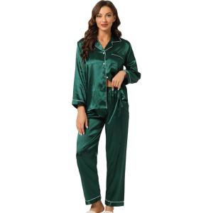 image:imageAllegra K Womens Satin Night Suits Valentines Day Button Down with Pants Silky Lounge Pajama SetsDark Green