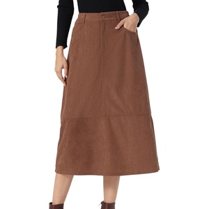 image:imageAllegra K Corduroy Midi Skirt for Womens Elastic High Waist Pockets Casual A Line SkirtDark Brown