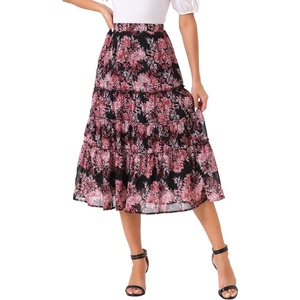 image:imageAllegra K Womens Floral Skirt Chiffon Aline Long Tiered Ruffle Boho Summer Midi SkirtsBlack Pinks