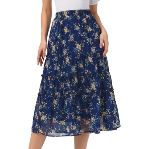 image:imageAllegra K Womens Floral Skirt Chiffon Aline Long Tiered Ruffle Boho Summer Midi SkirtsBlue Yellow Floral