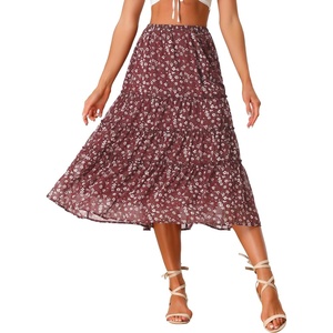 image:imageAllegra K Womens Floral Skirt Chiffon Aline Long Tiered Ruffle Boho Summer Midi SkirtsBrown