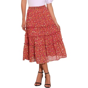 image:imageAllegra K Womens Floral Skirt Chiffon Aline Long Tiered Ruffle Boho Summer Midi SkirtsDeep Red