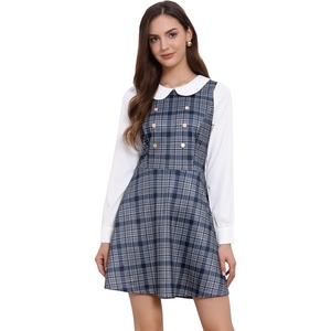 image:imageAllegra K Womens Peter Pan Collar Contrast Color Button Decor ALine Preppy Plaid Mini DressGray Blue