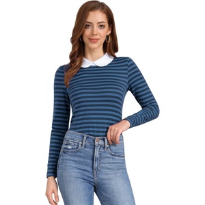 image:imageAllegra K Womens Striped Cute Shirts Peter Pan Collar Casual Trendy Fitted Long Sleeve TopBluegray