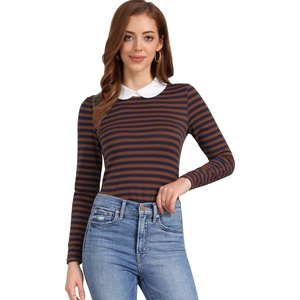 image:imageAllegra K Womens Striped Cute Shirts Peter Pan Collar Casual Trendy Fitted Long Sleeve TopDark Brown
