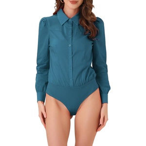 image:imageAllegra K Work Body Suits for Women Office Button Down Shirt Collared Long Sleeves Bodysuit TopLake Blue