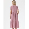 image:imageAllegra K Gingham Dress for Women Casual Short Sleeve V Neck Tie Front Swing Flowy Tiered Midi DressesDark Red