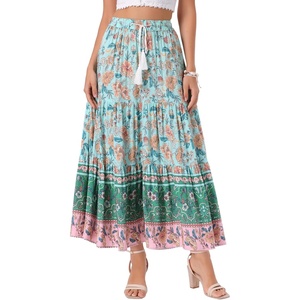 image:imageAllegra K Boho Skirt for Womens Casual Peasant Floral Bohemian Tassels Elastic Waist Maxi SkirtsPink
