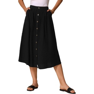 image:imageAllegra K Cotton Midi Skirt for Womens Summer Casual Button Decor Elastic Waist ALine Skirts with PocketBlack