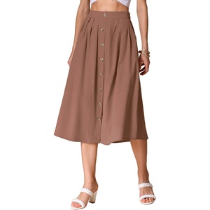 image:imageAllegra K Cotton Midi Skirt for Womens Summer Casual Button Decor Elastic Waist ALine Skirts with PocketBrown
