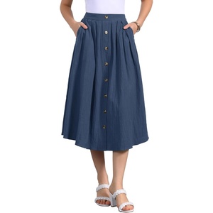 image:imageAllegra K Cotton Midi Skirt for Womens Summer Casual Button Decor Elastic Waist ALine Skirts with PocketDark Blue