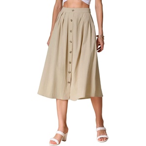 image:imageAllegra K Cotton Midi Skirt for Womens Summer Casual Button Decor Elastic Waist ALine Skirts with PocketKhaki