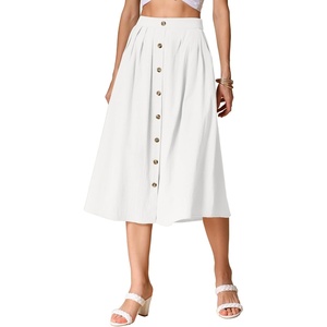 image:imageAllegra K Cotton Midi Skirt for Womens Summer Casual Button Decor Elastic Waist ALine Skirts with PocketWhite