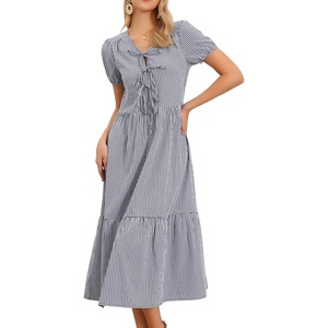 image:imageAllegra K Gingham Dress for Women Casual Short Sleeve V Neck Tie Front Swing Flowy Tiered Midi DressesBlack Blue