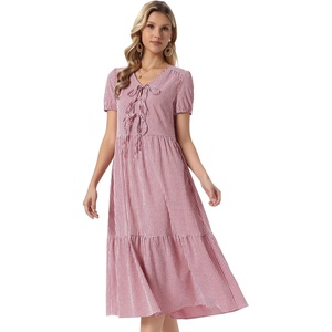 image:imageAllegra K Gingham Dress for Women Casual Short Sleeve V Neck Tie Front Swing Flowy Tiered Midi DressesDark Red