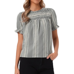 image:imageAllegra K Gingham Tops for Womens Peasant Plaid Smocked Ruffle Puff Sleeve BlousesBlack