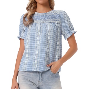image:imageAllegra K Gingham Tops for Womens Peasant Plaid Smocked Ruffle Puff Sleeve BlousesLight Blue