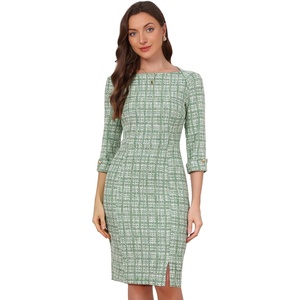 image:imageAllegra K Tweed Dress for Womens Boat Neck 34 Sleeve Elegant Work Pencil Sheath DressGreen