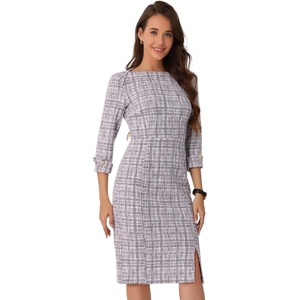image:imageAllegra K Tweed Dress for Womens Boat Neck 34 Sleeve Elegant Work Pencil Sheath DressWhite Purple