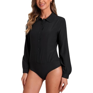 image:imageAllegra K Womens Bodysuit Button Up Peter Pan Collar Shirt Long Sleeve Business Work Tops Body SuitBlack